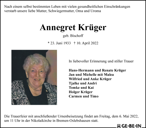 Traueranzeige von Annegret Krüger von Die Norddeutsche