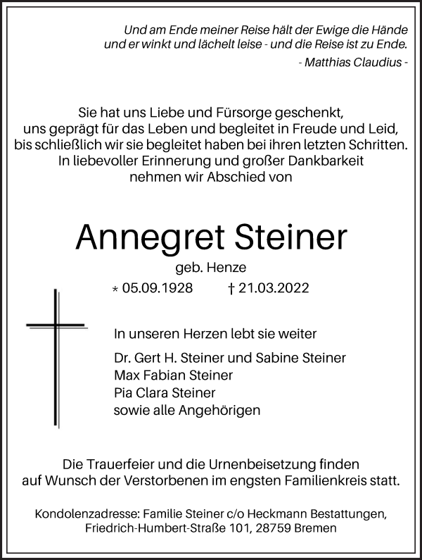 Traueranzeige von Annegret Steiner von Die Norddeutsche
