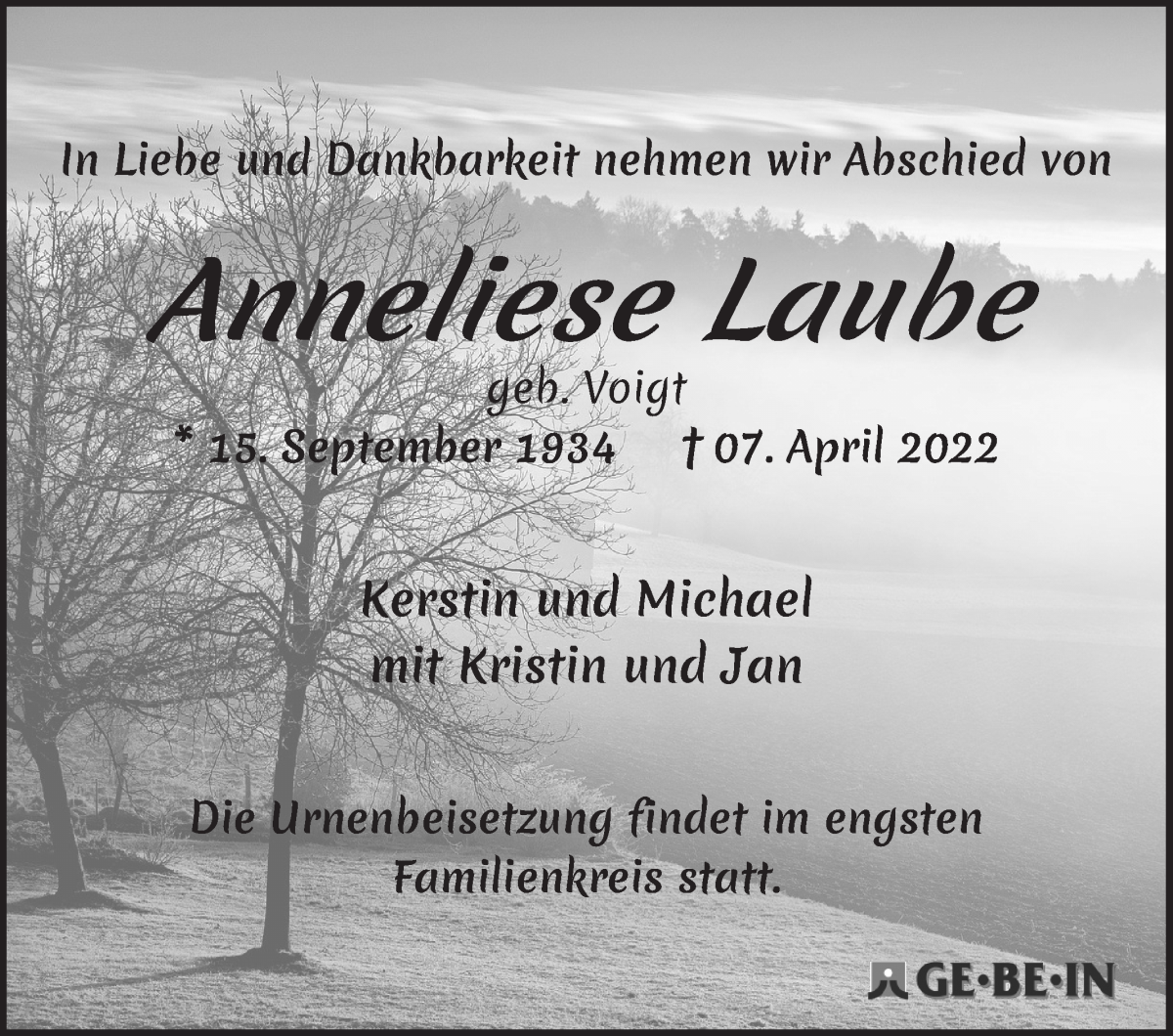  Traueranzeige für Anneliese Laube vom 16.04.2022 aus WESER-KURIER