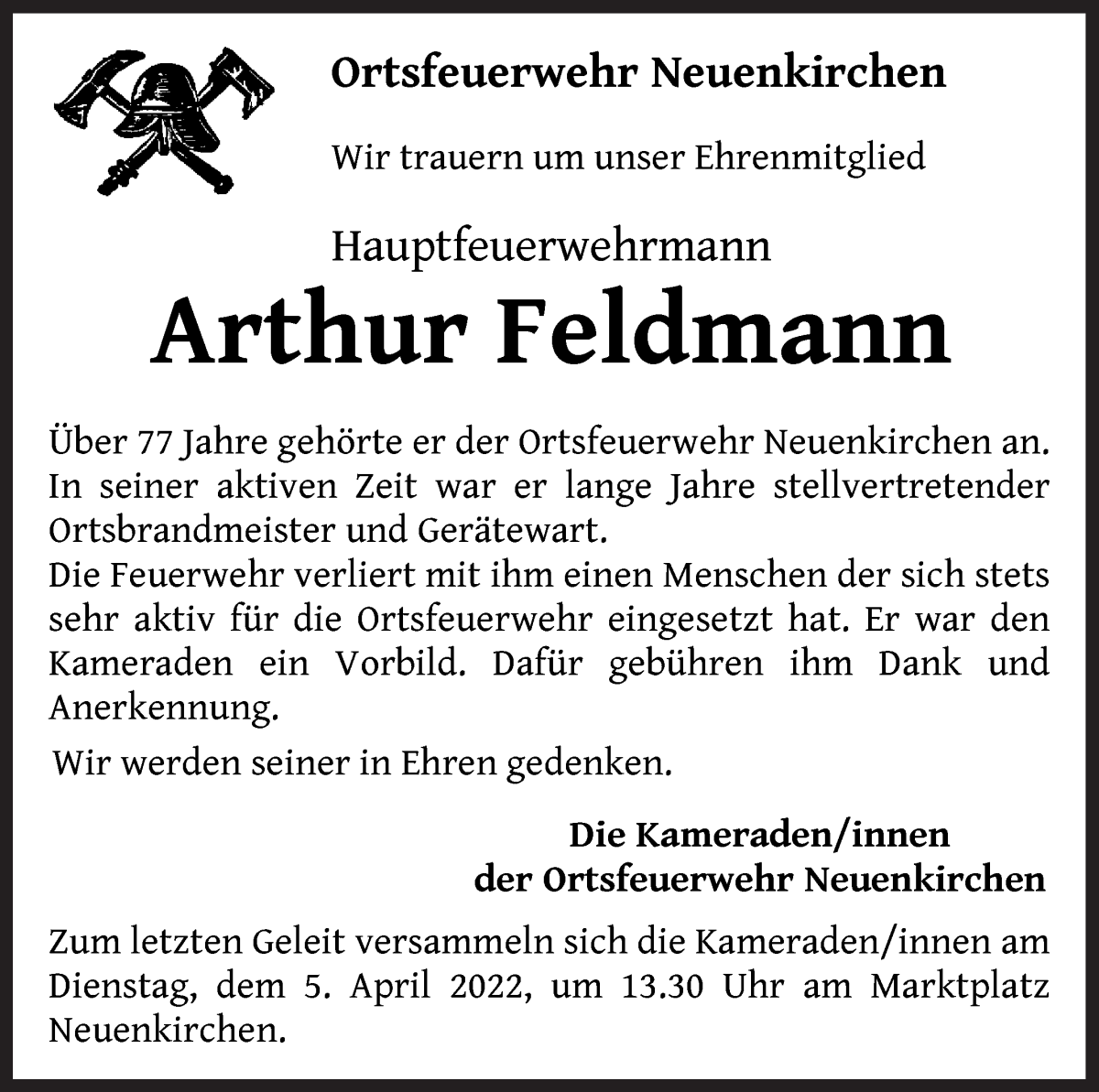 Traueranzeige von Arthur Feldmann von Die Norddeutsche
