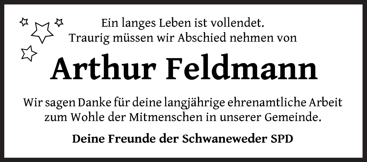 Traueranzeige von Arthur Feldmann von Die Norddeutsche