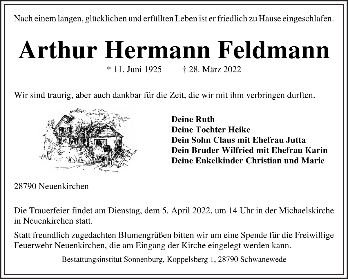 Traueranzeige von Arthur Hermann Feldmann von Die Norddeutsche