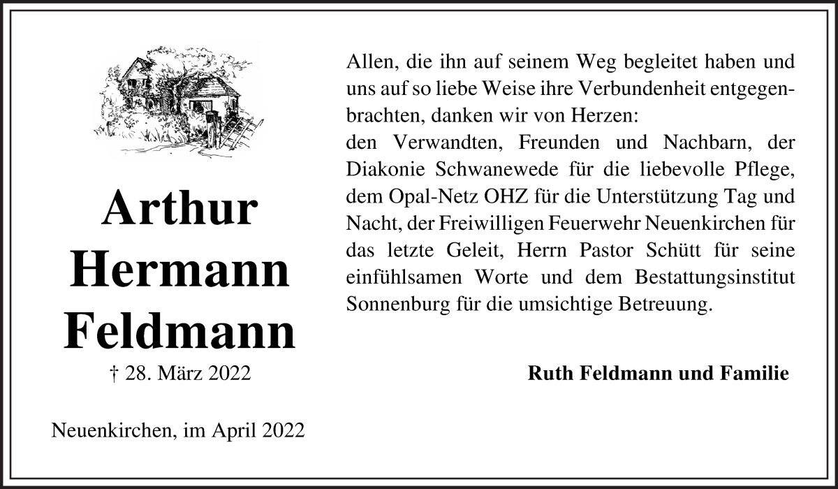 Traueranzeige von Arthur Hermann Feldmann von Die Norddeutsche