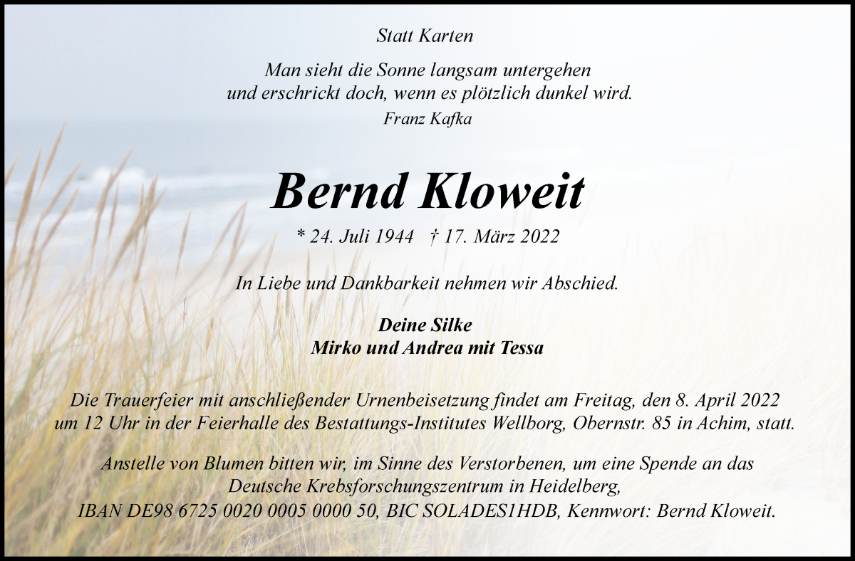  Traueranzeige für Bernd Kloweit vom 02.04.2022 aus WESER-KURIER