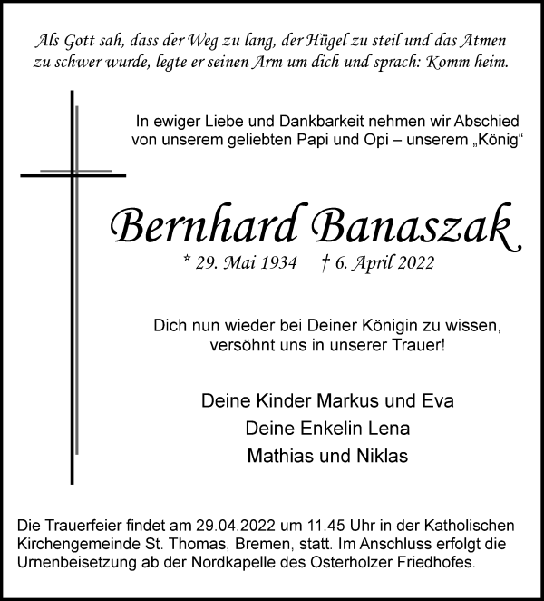 Traueranzeige von Bernhard Banaszak von WESER-KURIER
