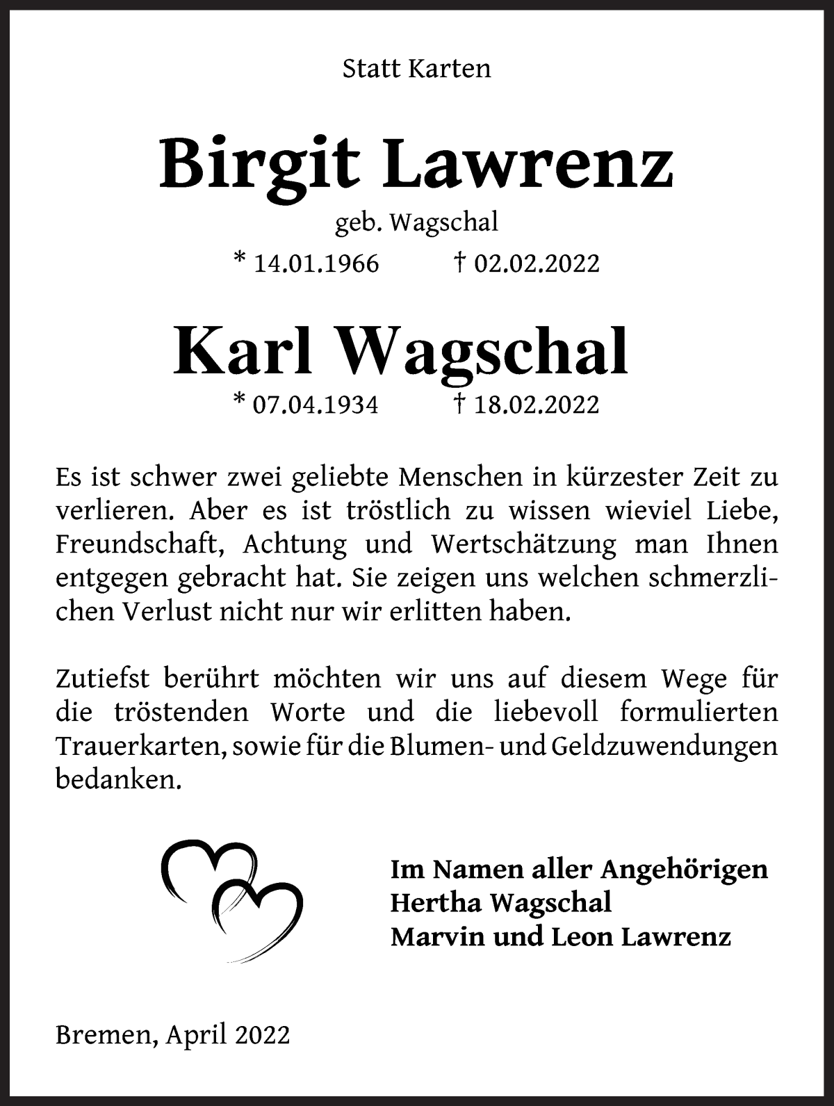 Traueranzeige von Birgit und Karl Wagschal von WESER-KURIER
