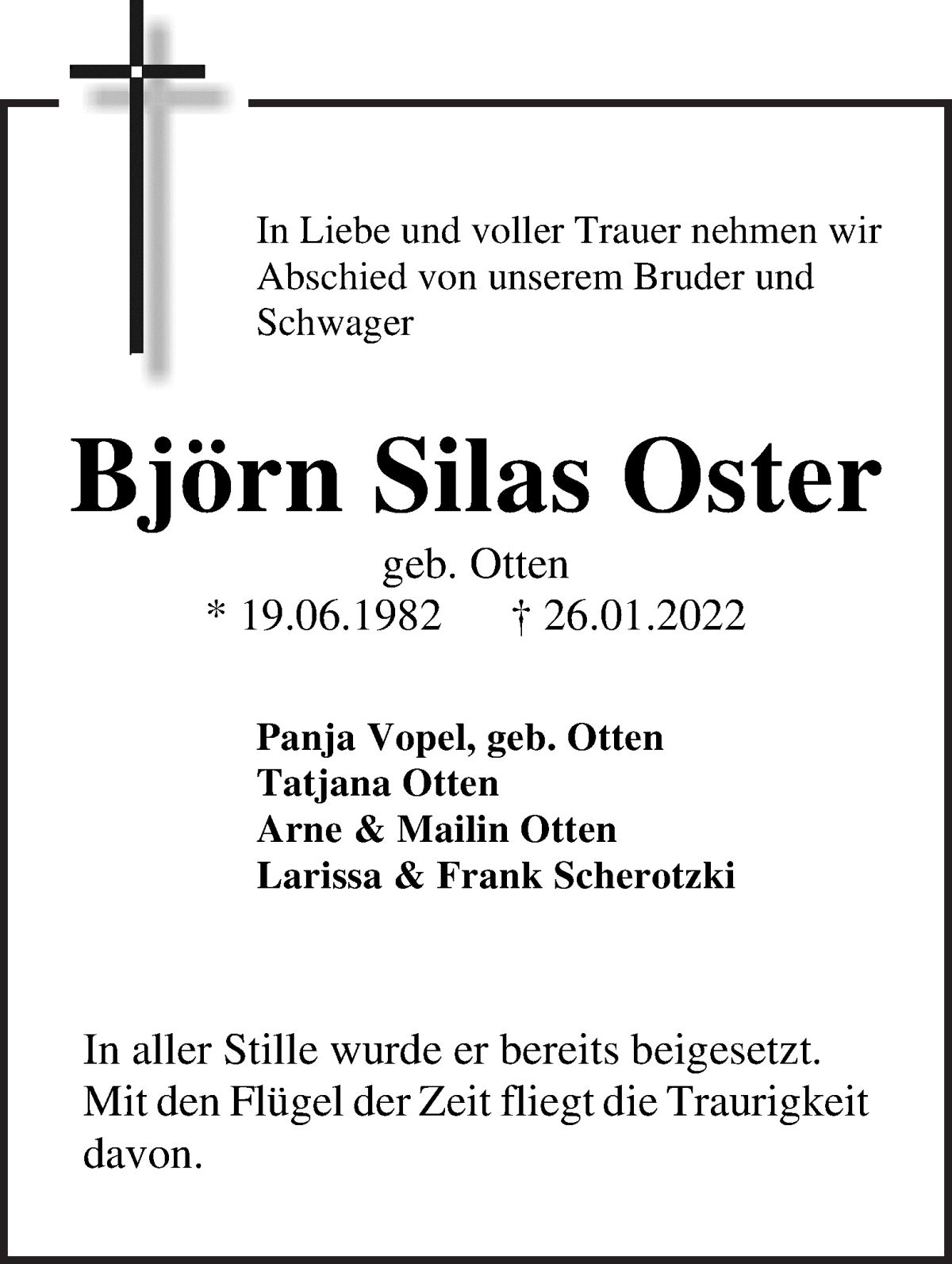  Traueranzeige für Björn Silas Oster vom 04.04.2022 aus WESER-KURIER