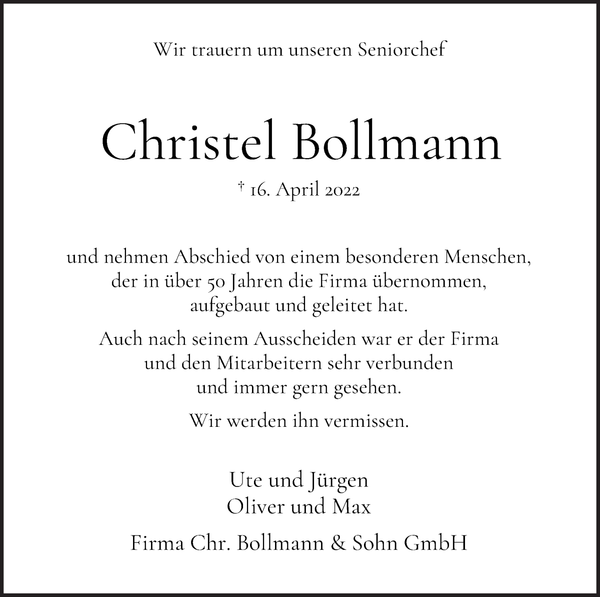  Traueranzeige für Christel Bollmann vom 30.04.2022 aus WESER-KURIER