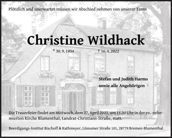 Traueranzeige von Christine Wildhack von Die Norddeutsche