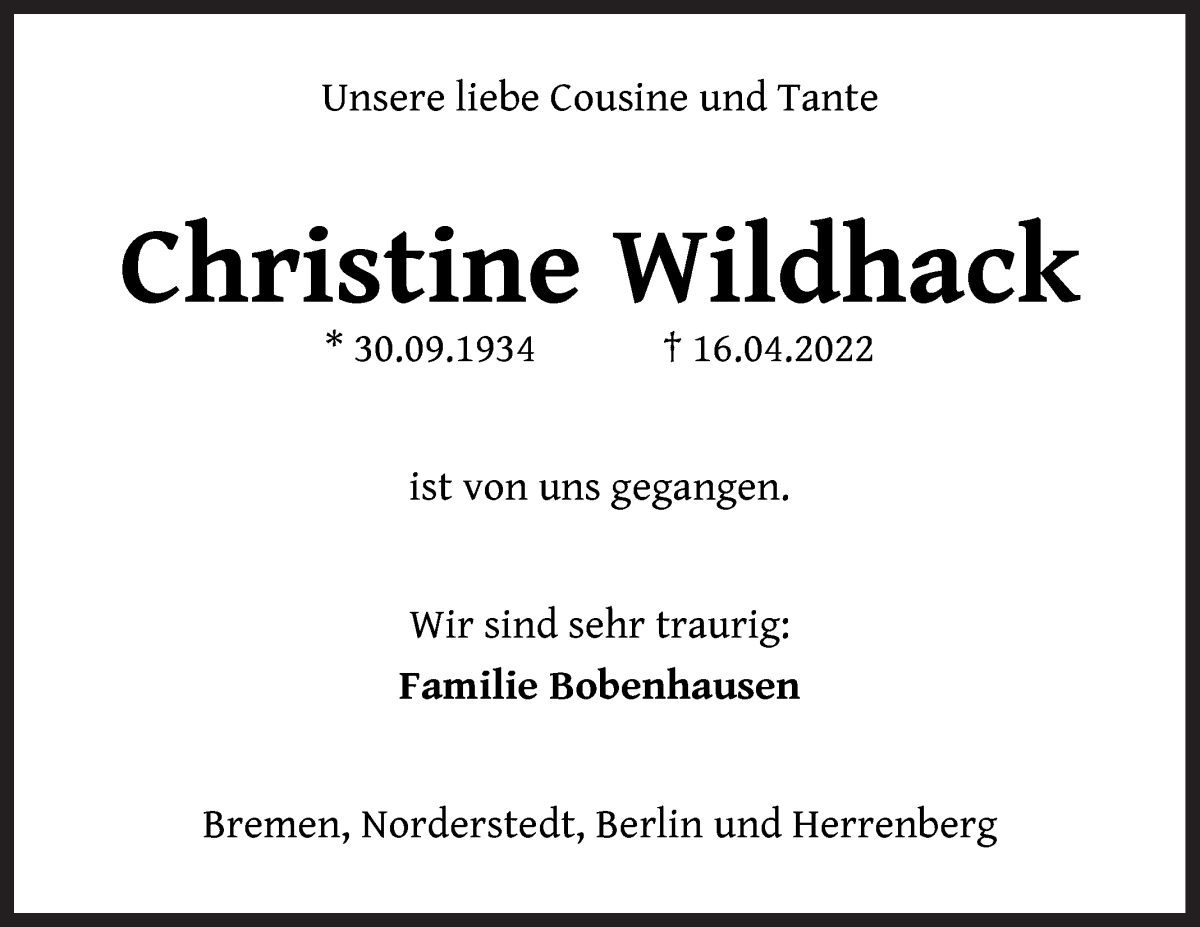  Traueranzeige für Christine Wildhack vom 23.04.2022 aus Die Norddeutsche