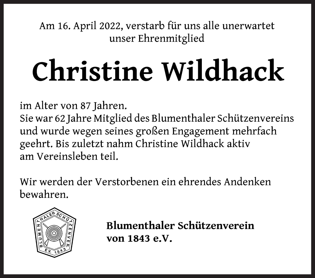 Traueranzeige von Christine Wildhack von Die Norddeutsche