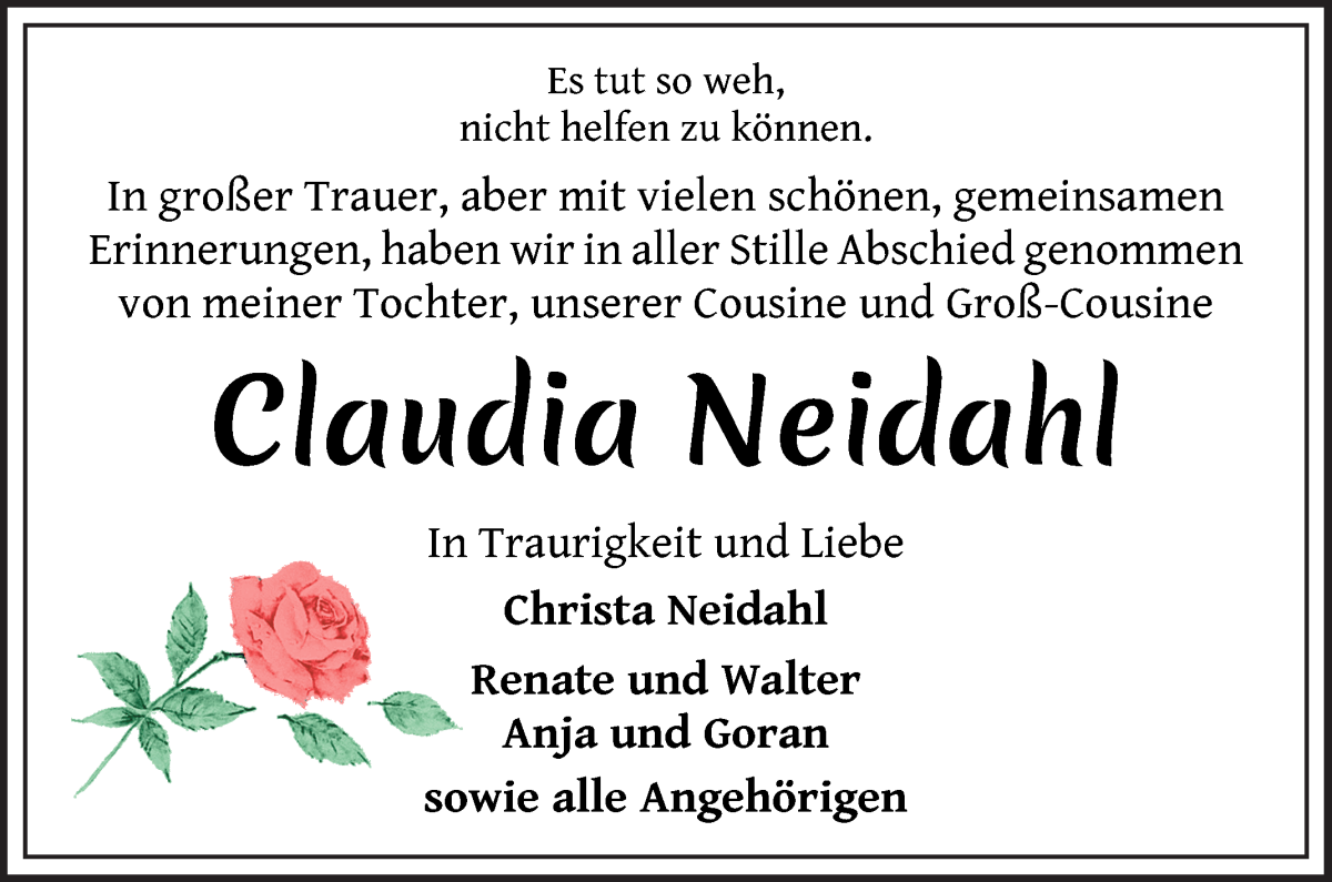 Traueranzeige von Claudia Neidahl von Die Norddeutsche