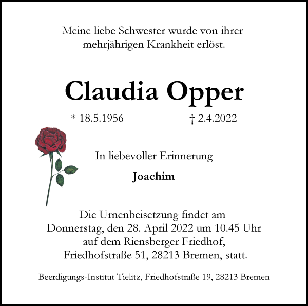 Traueranzeige von Claudia Opper von WESER-KURIER