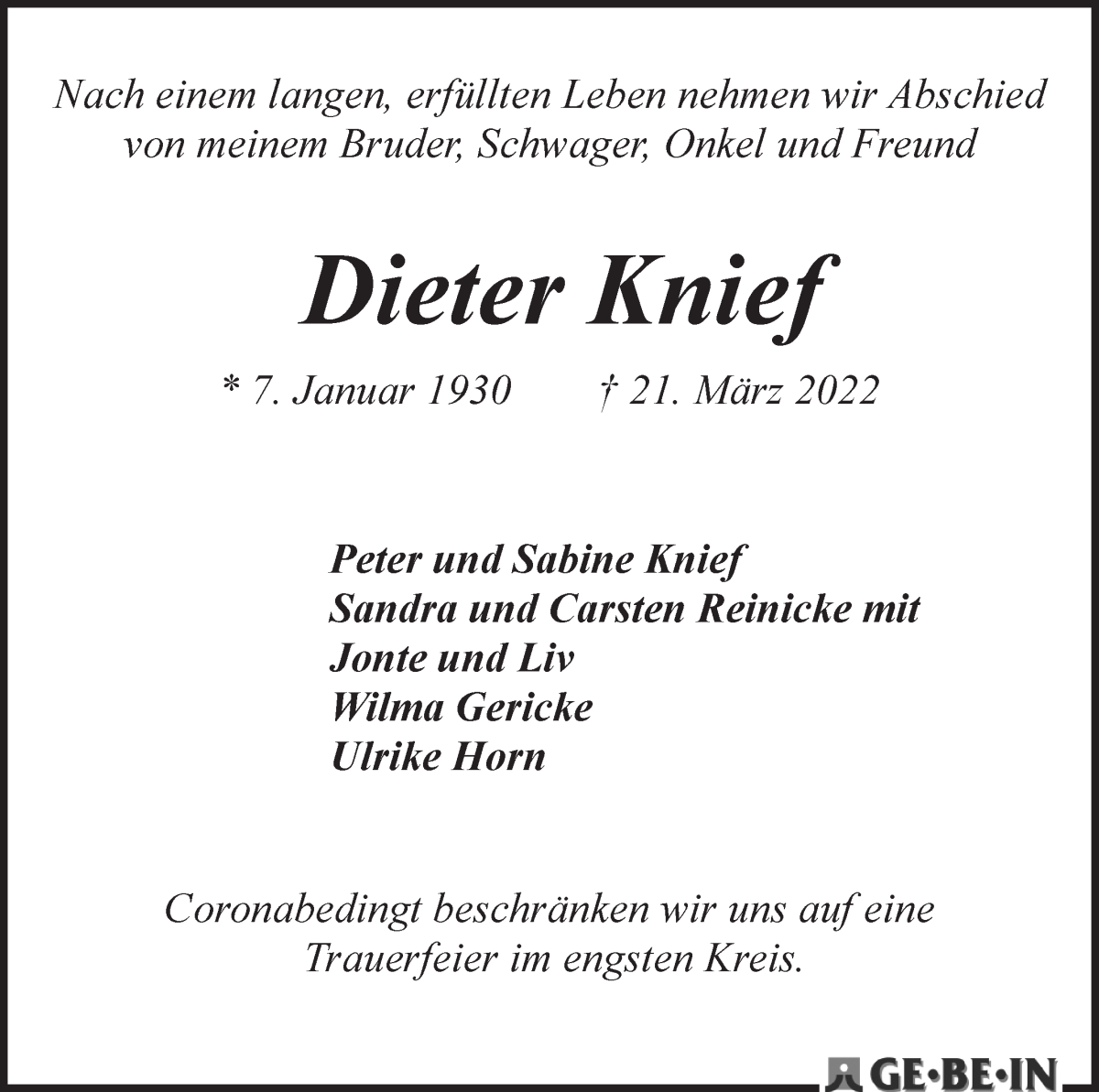  Traueranzeige für Dieter Knief vom 02.04.2022 aus WESER-KURIER