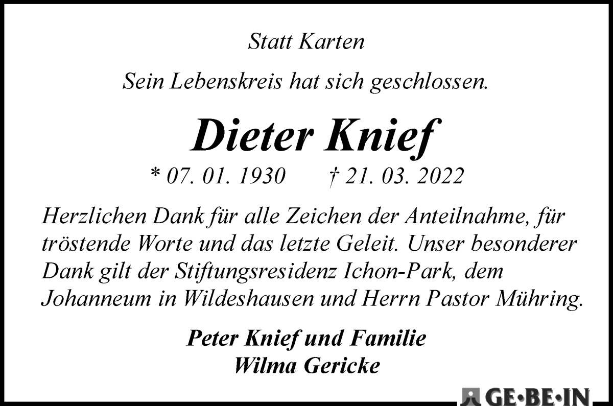  Traueranzeige für Dieter Knief vom 16.04.2022 aus WESER-KURIER