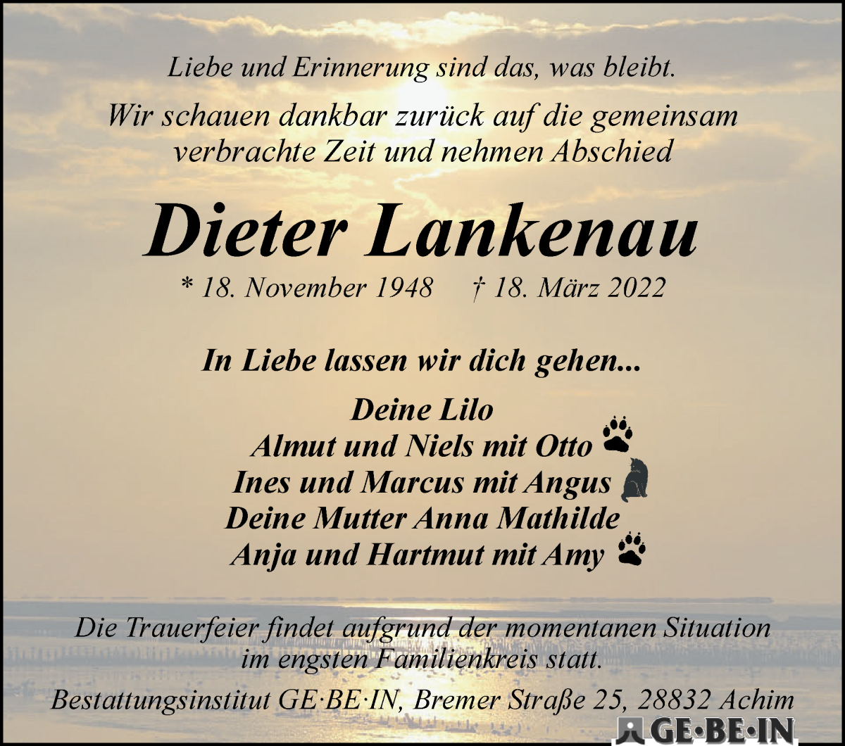  Traueranzeige für Dieter Lankenau vom 02.04.2022 aus WESER-KURIER