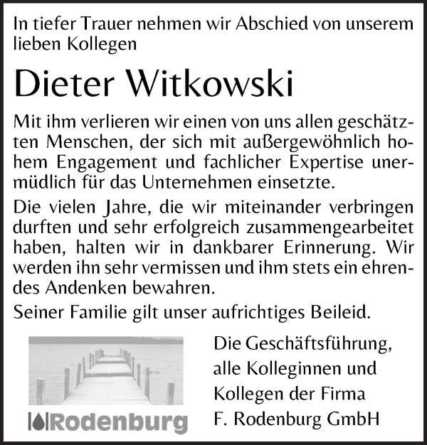 Traueranzeige von Dieter Witkowski