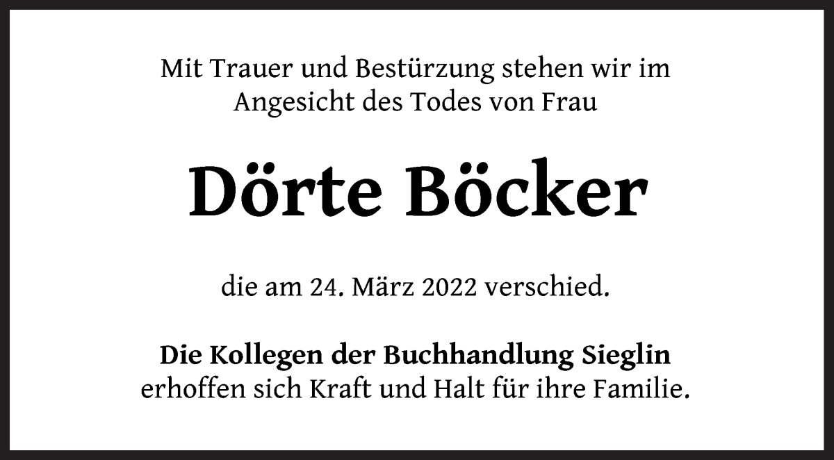  Traueranzeige für Dörte Böcker vom 02.04.2022 aus WESER-KURIER