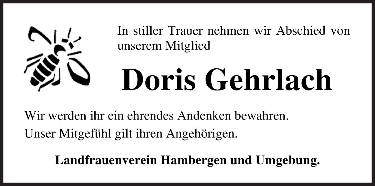 Traueranzeige von Doris Gehrlach von Osterholzer Kreisblatt