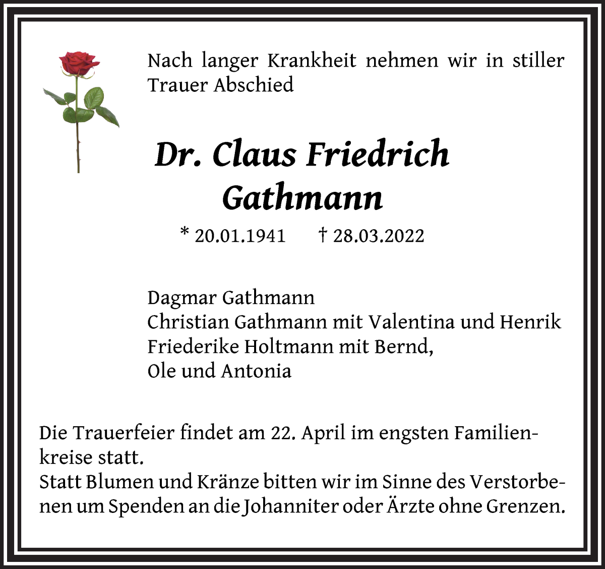 Traueranzeige von Dr. Claus Friedrich Gathmann von WESER-KURIER