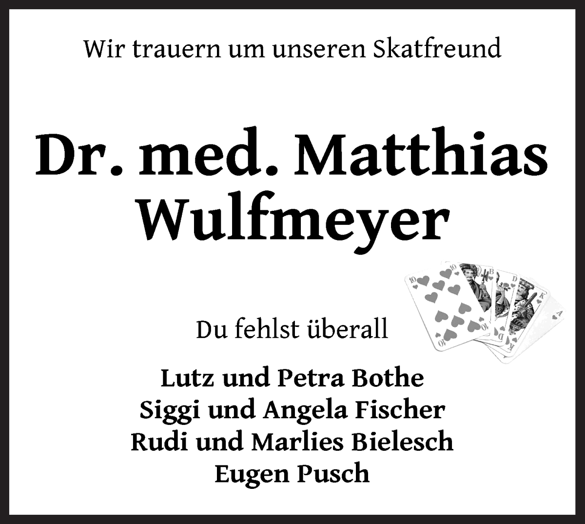 Traueranzeige von Dr. Matthias Wulfmeyer von Wuemme Zeitung
