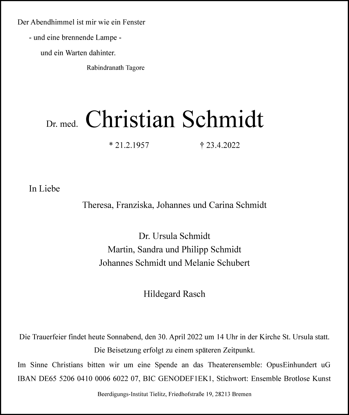  Traueranzeige für Dr. med. Christian Schmidt vom 30.04.2022 aus WESER-KURIER