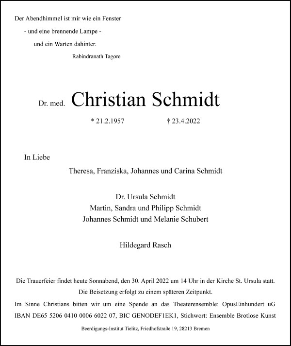 Traueranzeige von Dr. med. Christian Schmidt von WESER-KURIER