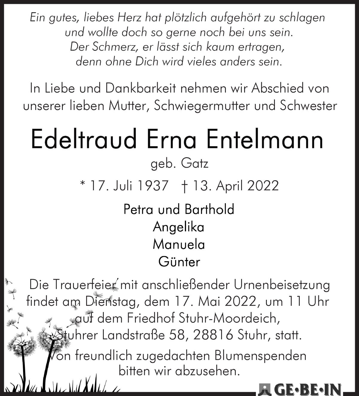  Traueranzeige für Edeltraud Erna Entelmann vom 30.04.2022 aus WESER-KURIER
