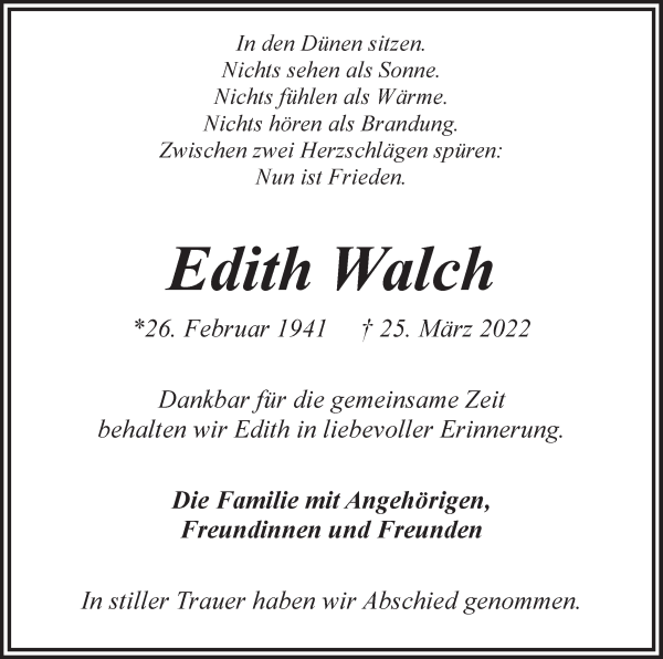 Traueranzeige von Edith Walch von WESER-KURIER