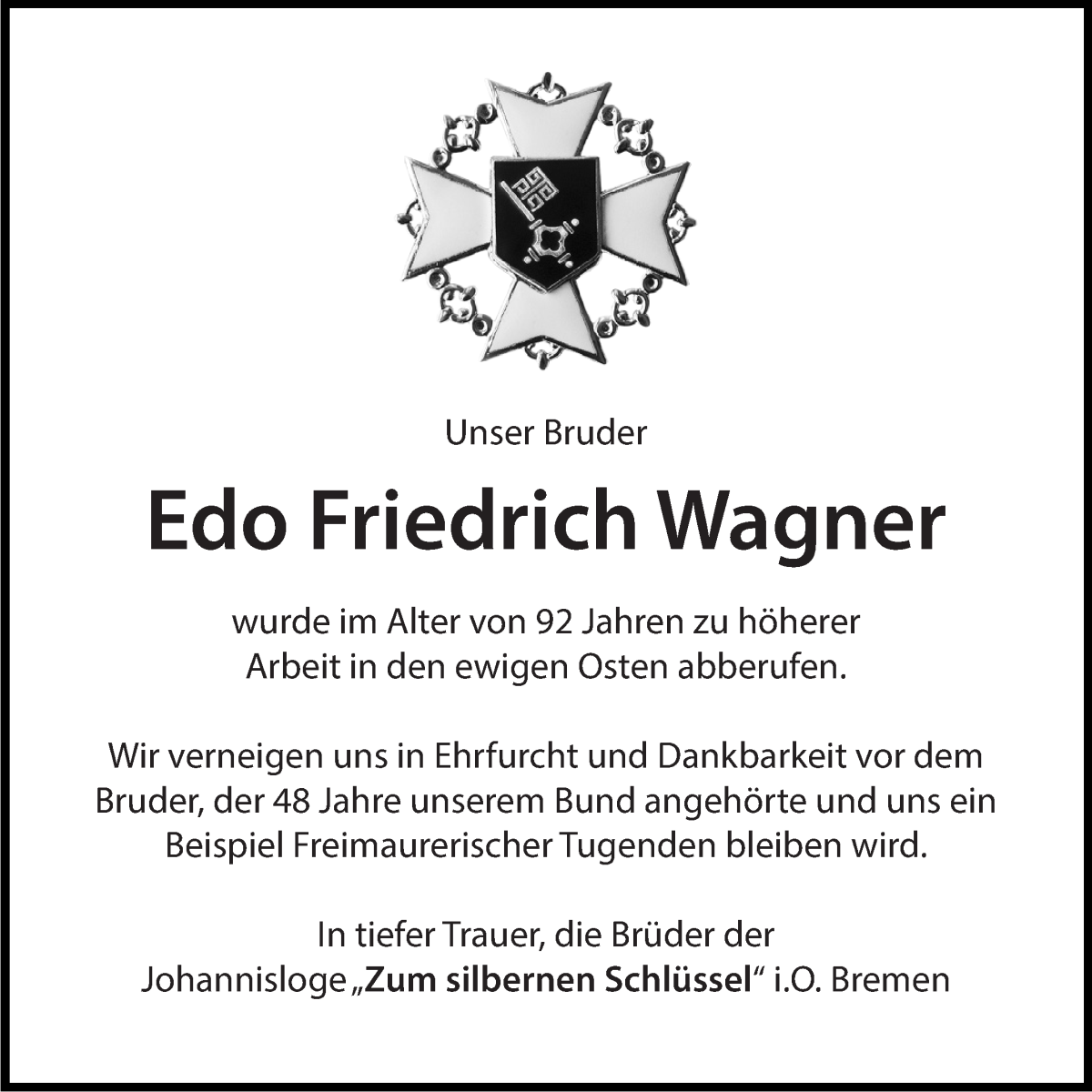 Traueranzeige von Edo Friedrich Wagner von WESER-KURIER