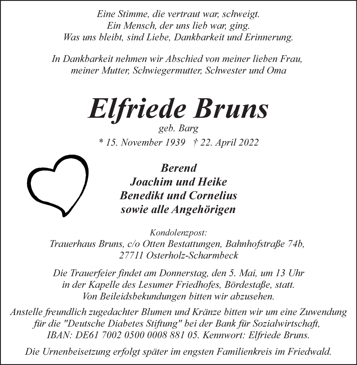  Traueranzeige für Elfriede Bruns vom 29.04.2022 aus Osterholzer Kreisblatt