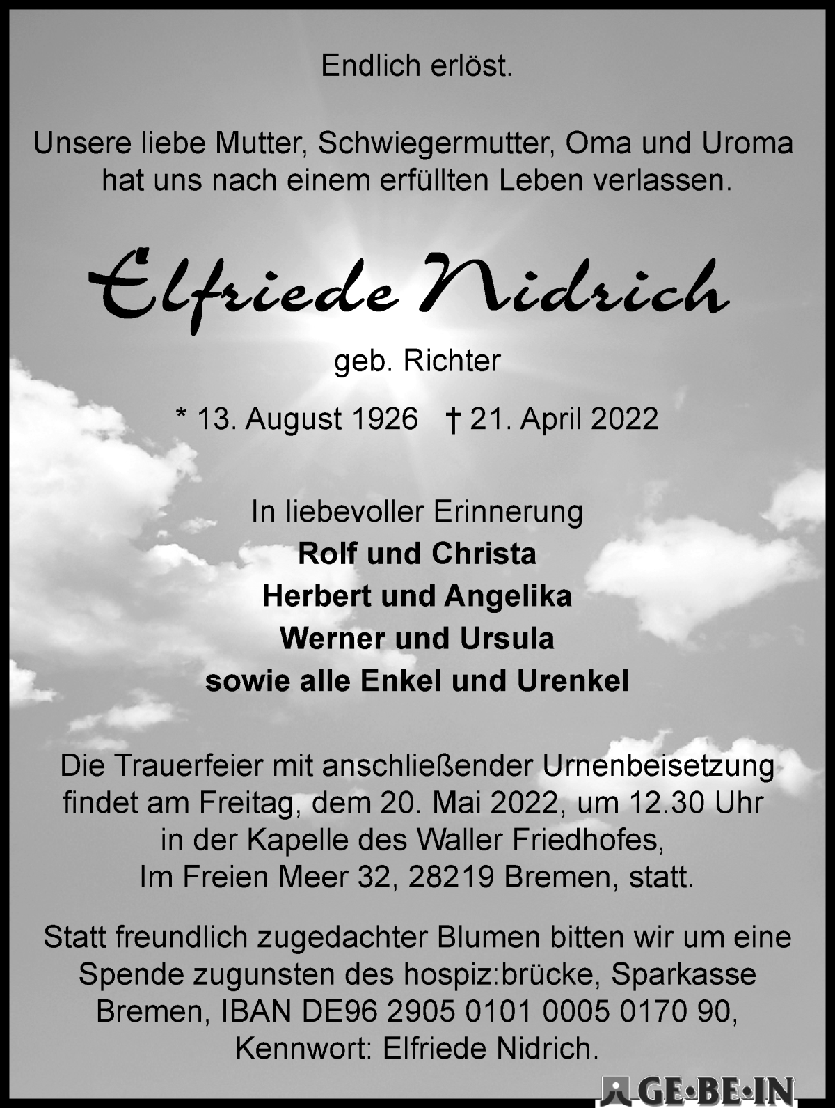  Traueranzeige für Elfriede Nidrich vom 30.04.2022 aus WESER-KURIER