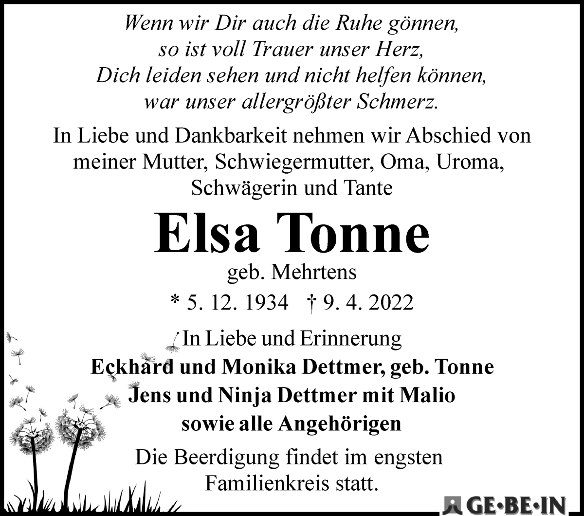  Traueranzeige für Elsa Tonne vom 16.04.2022 aus WESER-KURIER