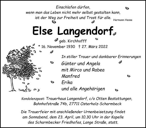 Traueranzeige von Else Langendorf von Osterholzer Kreisblatt