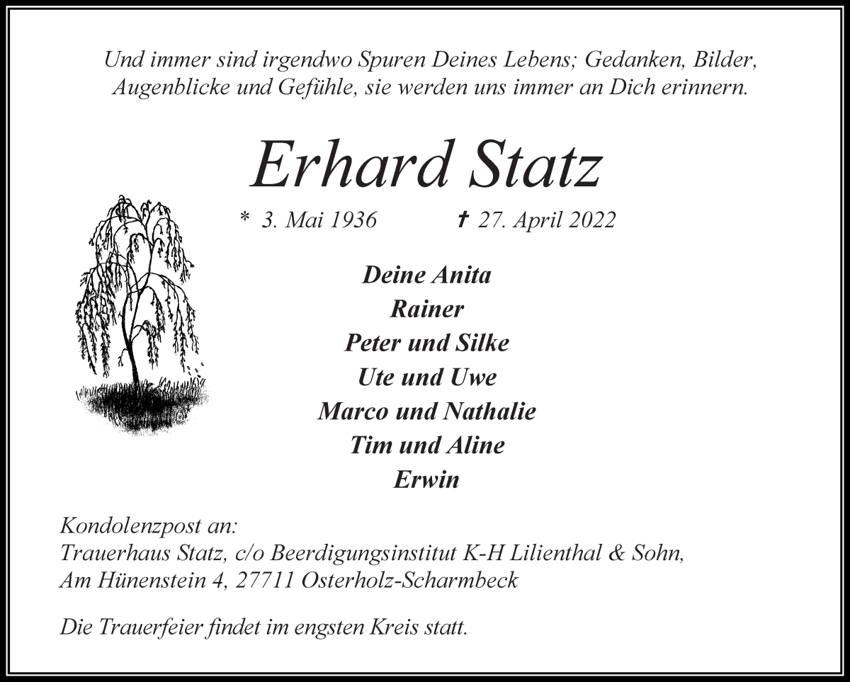 Traueranzeige von Erhard Statz von Osterholzer Kreisblatt