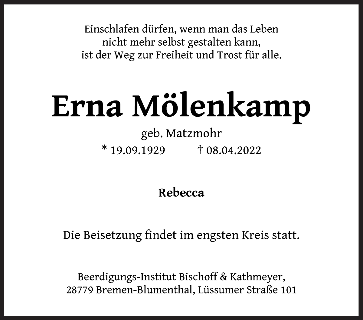  Traueranzeige für Erna Mölenkamp vom 16.04.2022 aus Die Norddeutsche