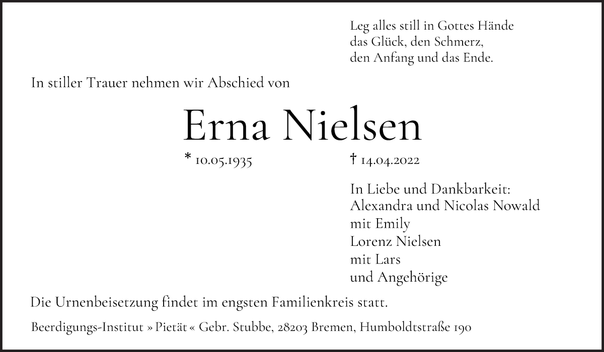  Traueranzeige für Erna Nielsen vom 16.04.2022 aus WESER-KURIER