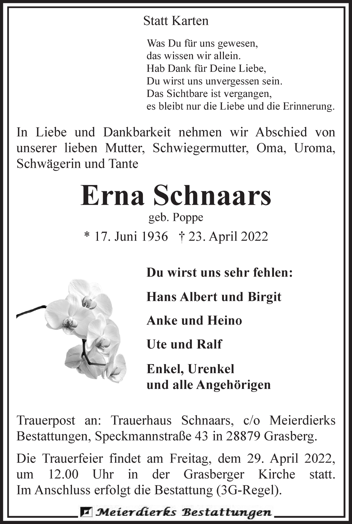 Traueranzeige von Erna Schnaars von Wuemme Zeitung