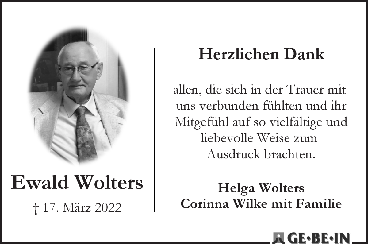  Traueranzeige für Ewald Wolters vom 23.04.2022 aus WESER-KURIER