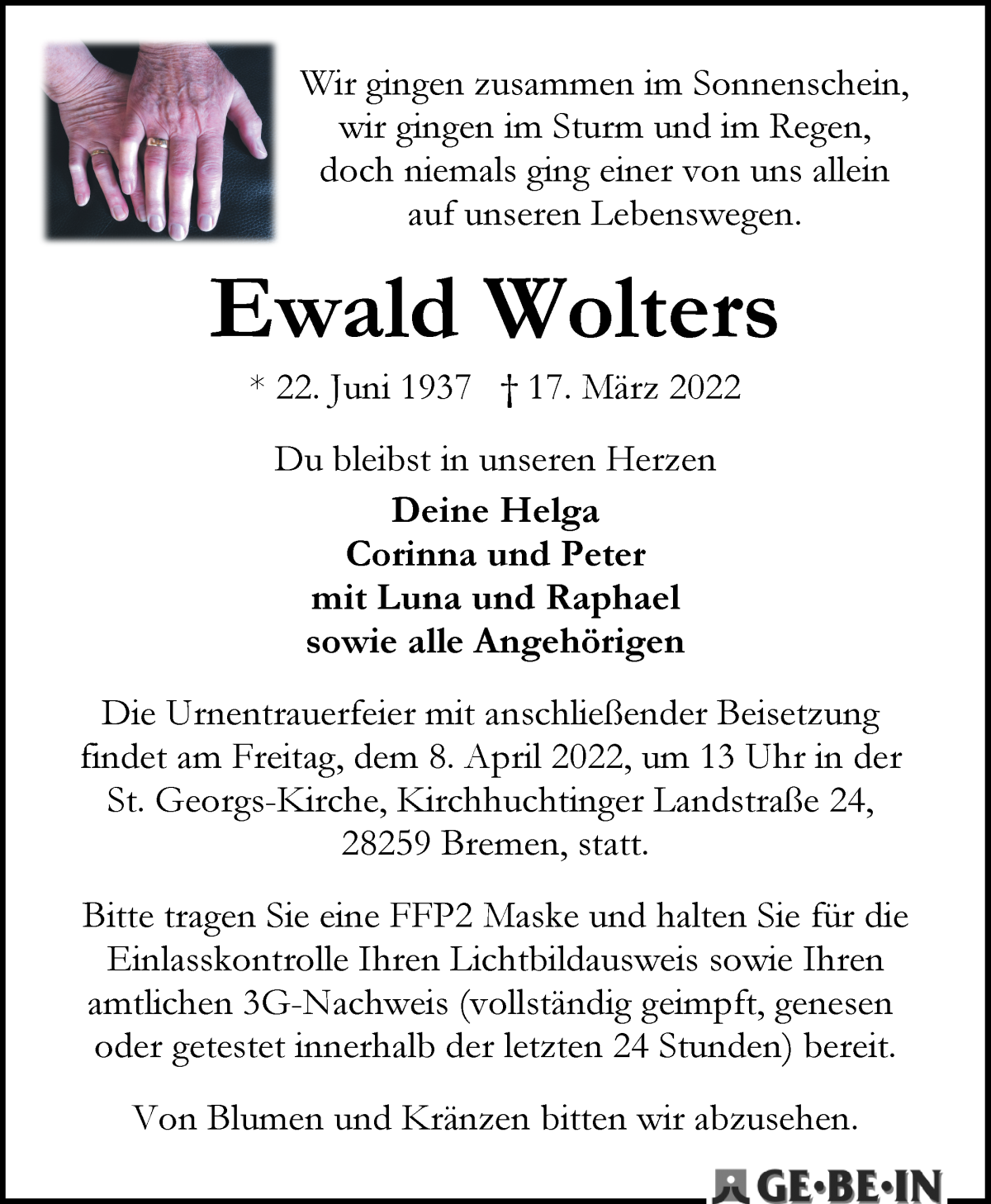  Traueranzeige für Ewald Wolters vom 02.04.2022 aus WESER-KURIER