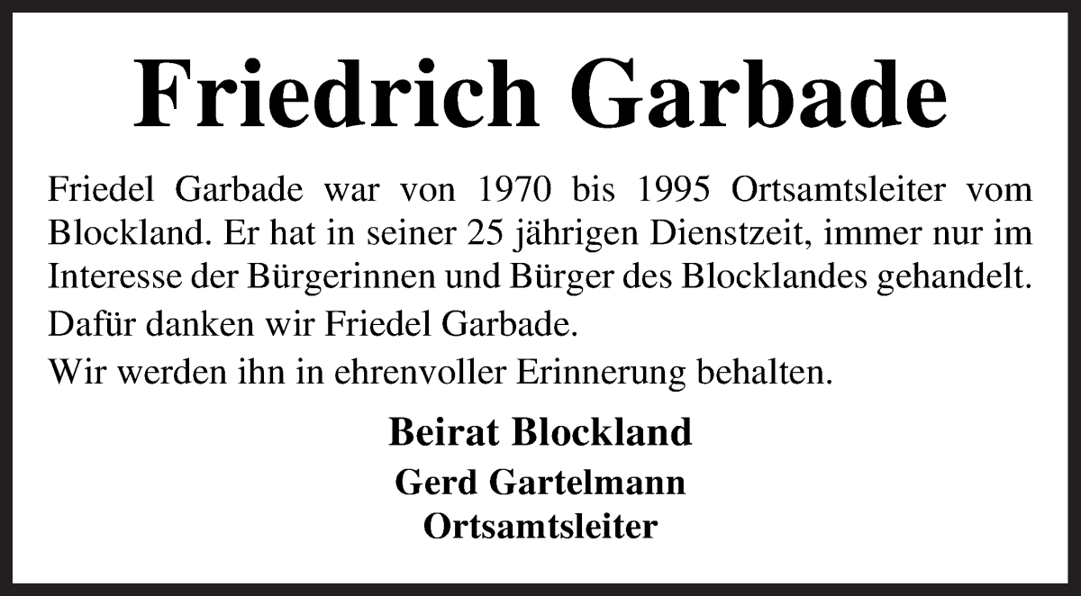 Traueranzeige von Friedel Garbade von Die Norddeutsche