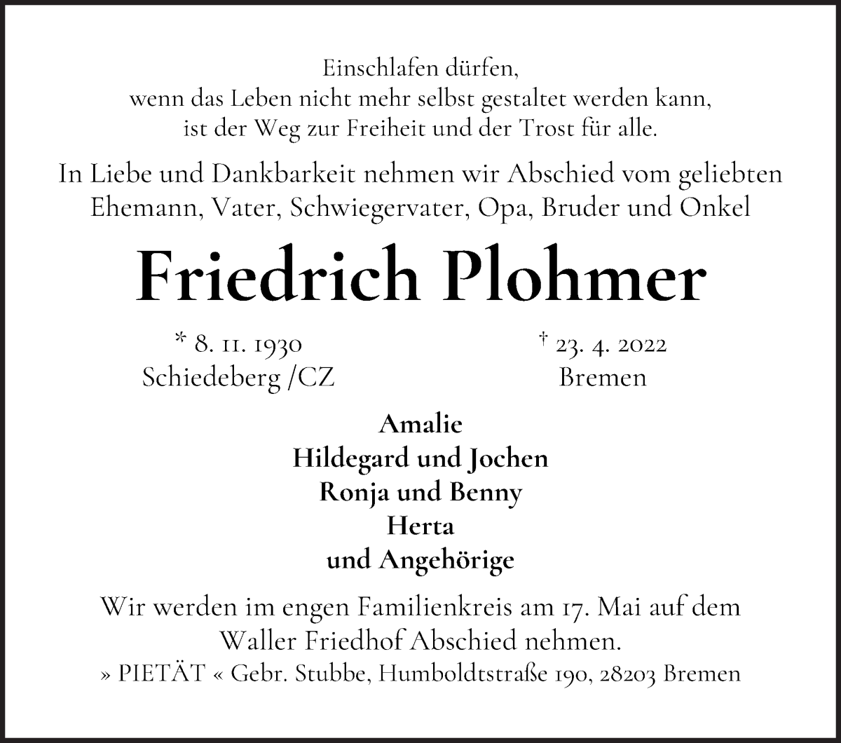  Traueranzeige für Friedrich Plohmer vom 30.04.2022 aus WESER-KURIER