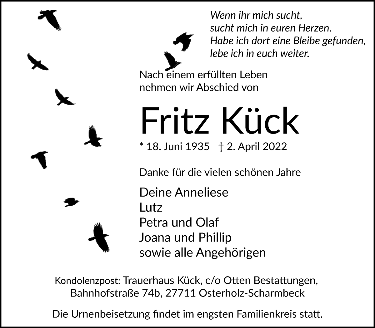  Traueranzeige für Fritz Kück vom 08.04.2022 aus Osterholzer Kreisblatt