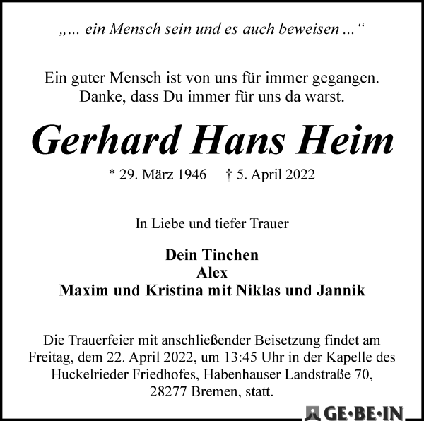 Traueranzeige von Gerhard Hans Heim von WESER-KURIER