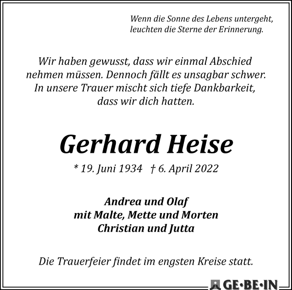 Traueranzeige von Gerhard Hans Heise von Die Norddeutsche