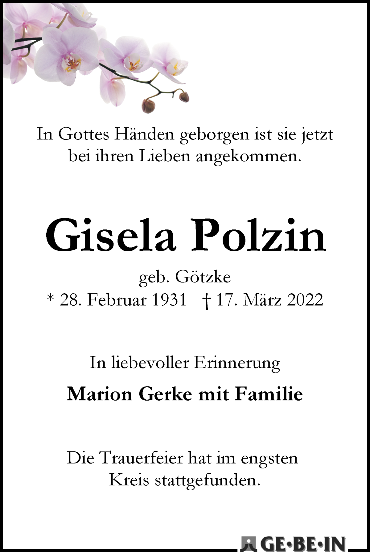  Traueranzeige für Gisela Polzin vom 23.04.2022 aus WESER-KURIER