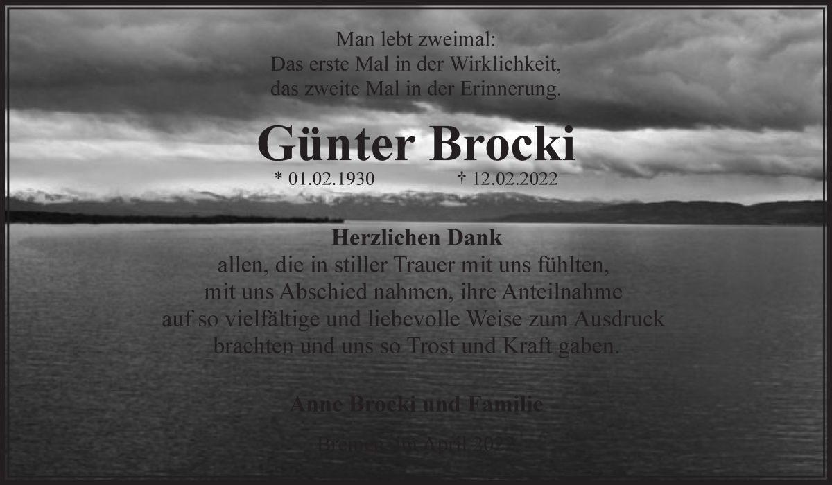  Traueranzeige für Günter Brocki vom 09.04.2022 aus WESER-KURIER