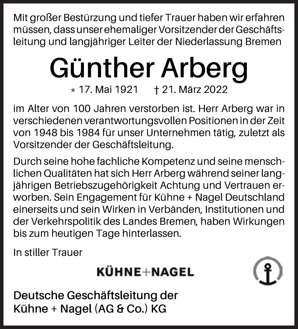  Traueranzeige für Günther Arberg vom 09.04.2022 aus WESER-KURIER