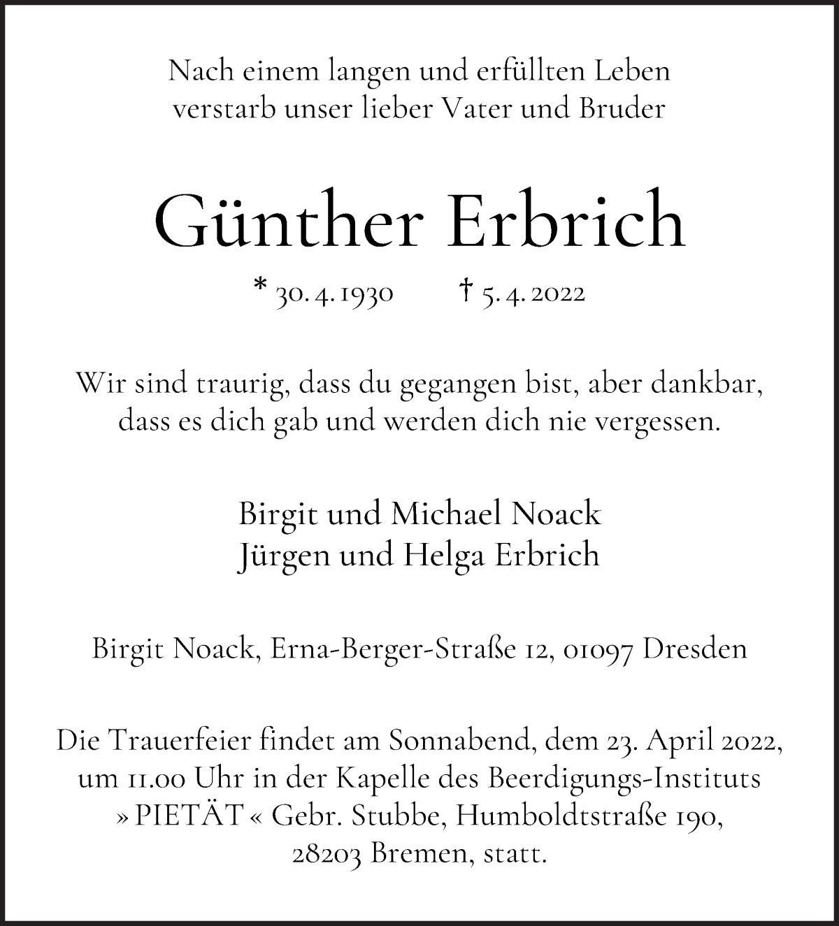  Traueranzeige für Günther Erbrich vom 09.04.2022 aus WESER-KURIER