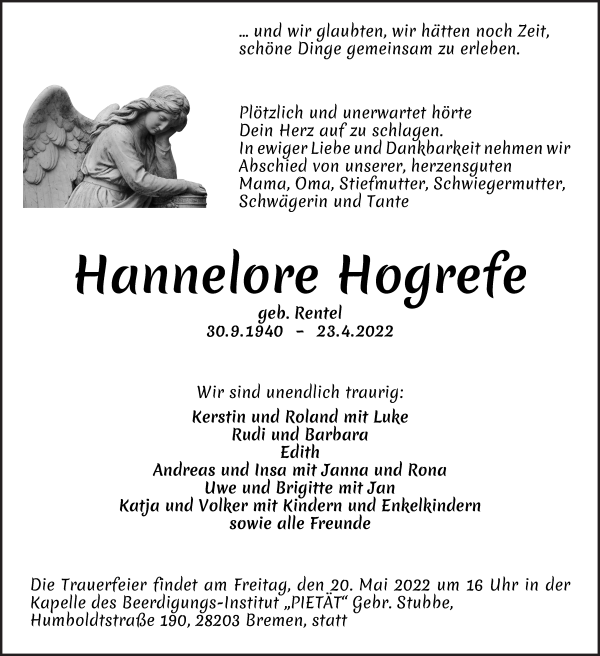 Traueranzeige von Hannelore Hogrefe von WESER-KURIER